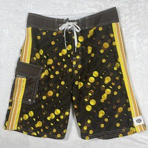 Kirra Board Shorts‎ Mens 32 Brown Yellow Circles Pocket Beach Swim Trunks.
